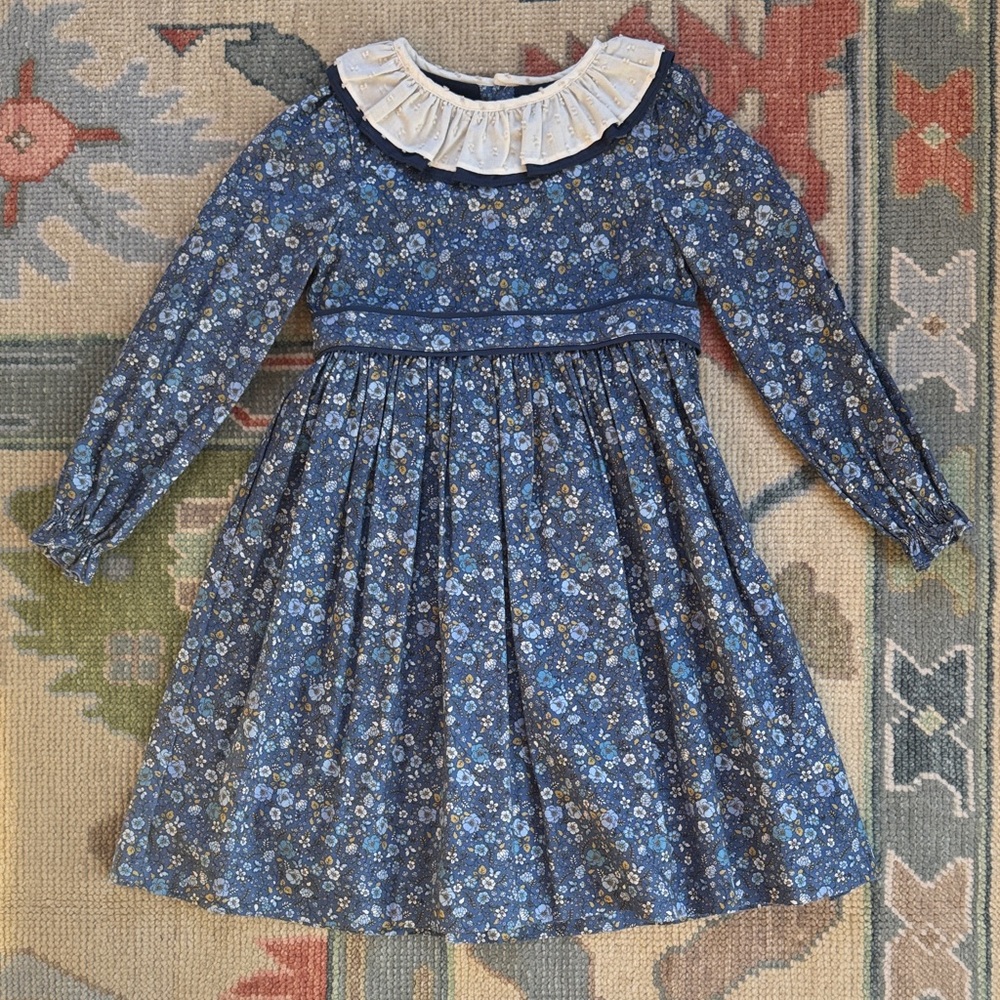 Pepa London Blue Floral Long-Sleeve Dress with White Ruffle Collar